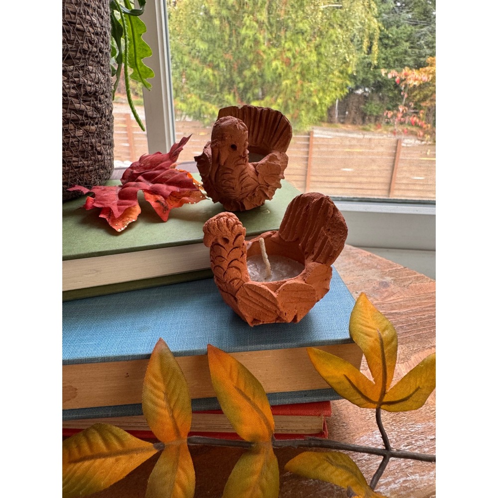 Vintage Terracotta Turkey Candle Holders Set of 2 Rustic Thanksgiving Decor